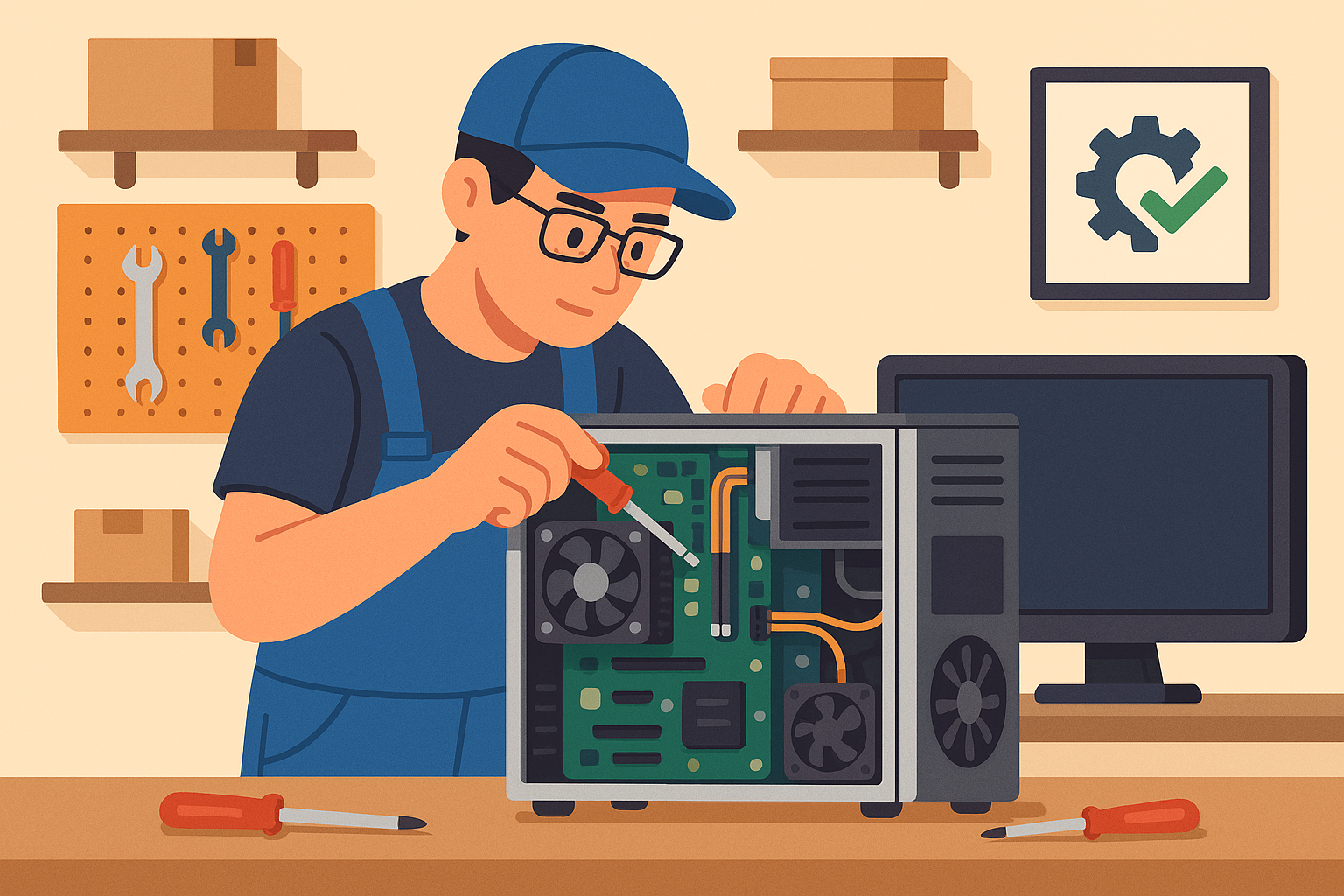 Tecnicien PC ne image style flat-design d’un technicien réparant un ordinateur / atelier reconditionnement.